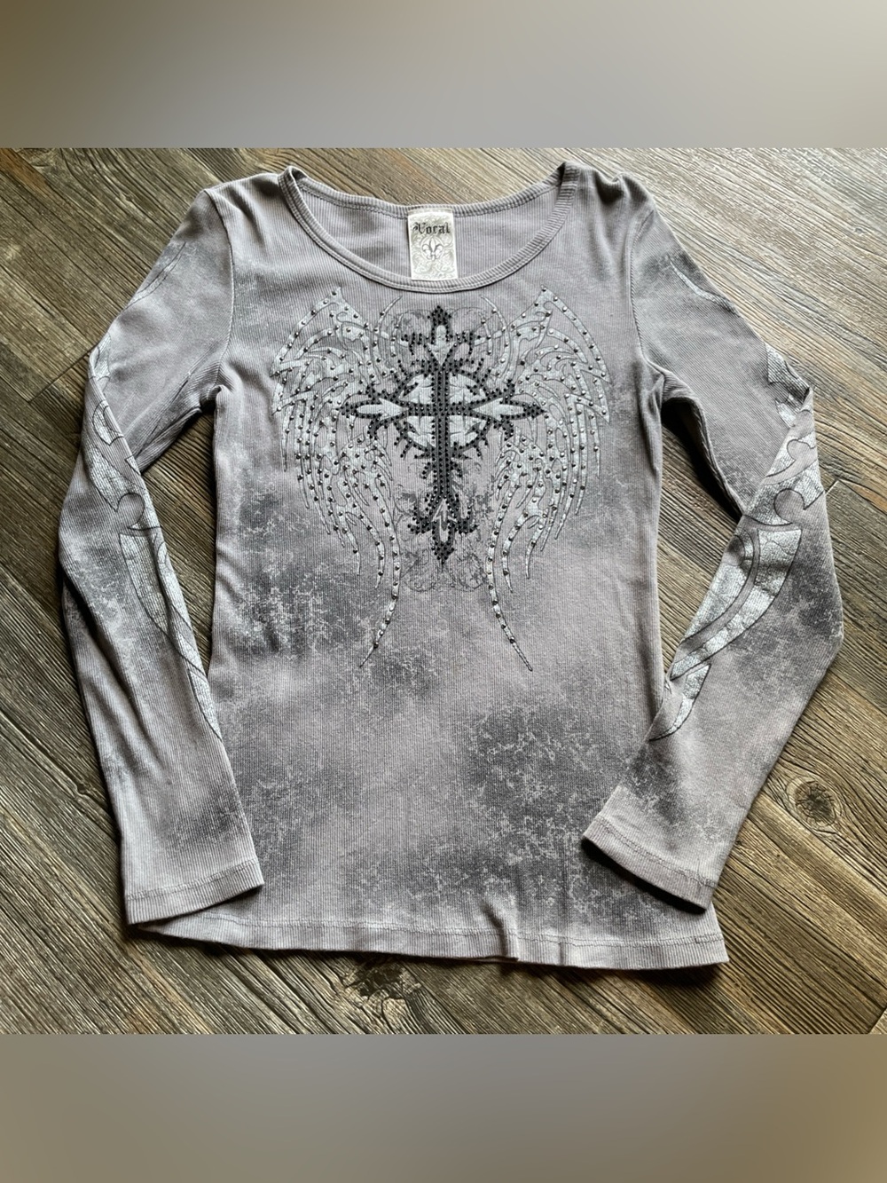 Vocal Gray Mineral-Wash Long Sleeve Top with Embellished Cross & Wings